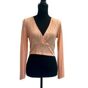Peach ribbed sheer V-neck long sleeve faux wrap blouse top Sz L